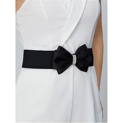 Women's Rhinestone Bow Elastic Wide Belts Stretchy Waist Buckle Belt Women's Circle Rhinestone Elastic Bow Belt Wide Stretch Belts Ladies Waist Accessories for Dress