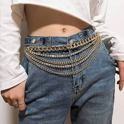 Multilayer Chain Belt Rhinestone Metal Chain Belts for Women Punk Gold Waist Chain 130cm Western Metal Belt for Women Cowgirl Boho Waist Chain Belt for Dresses Jeans Pants