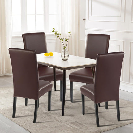 Waterproof PU Leather Dining Chair Covers Set of 4, Stretch Oilproof  Chair Slipcovers Removable Washable Kitchen Chair Protector for Dining Room (Brown)