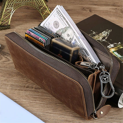 Genuine Leather anti-theft  Long Wallet for Men with Zipper Blocking Vintage Bifold Purse, Clutch Bag, Handbag, Checkbook, Cash  brown
