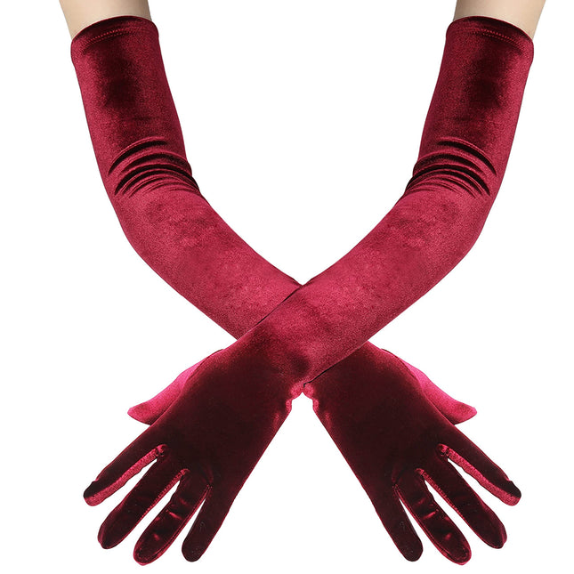 Long Velvet Gloves Women Touchscreen  Stretchy Special Occasion  Costume Evening Opera Gloves（Wine red color, length 53cm）