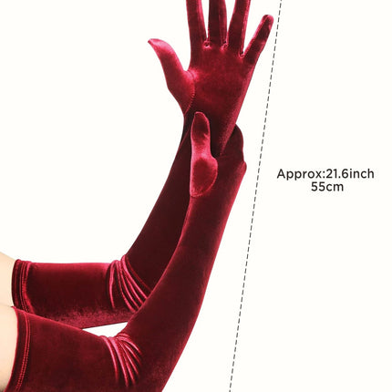 Long Velvet Gloves Women Touchscreen  Stretchy Special Occasion  Costume Evening Opera Gloves（Wine red color, length 53cm）
