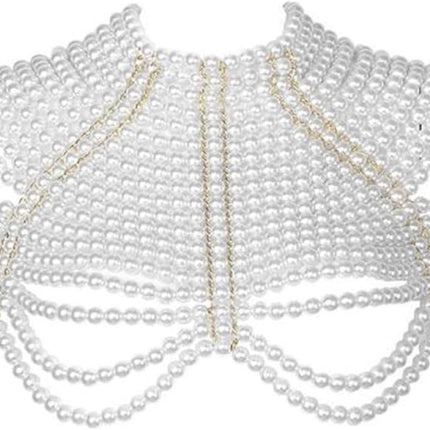 Imitation pearl bead decoration shoulder strap necklace body fashion shoulder and neck bra shawl collar pearl woven shawl white pearl strap gold fixed chain（Pearl Shoulder Chain White）