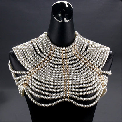 Imitation pearl bead decoration shoulder strap necklace body fashion shoulder and neck bra shawl collar pearl woven shawl white pearl strap gold fixed chain（Pearl Shoulder Chain White）