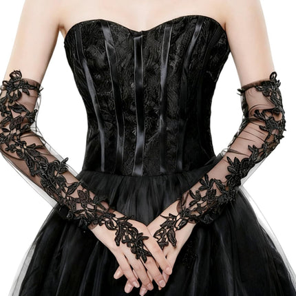 Women's Long Lace Fingerless Gloves Sheer Mesh Tulle Elbow Length Gloves for Bridal Wedding Party Prom Dance Opera（black）