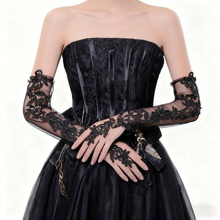Women's Long Lace Fingerless Gloves Sheer Mesh Tulle Elbow Length Gloves for Bridal Wedding Party Prom Dance Opera（black）