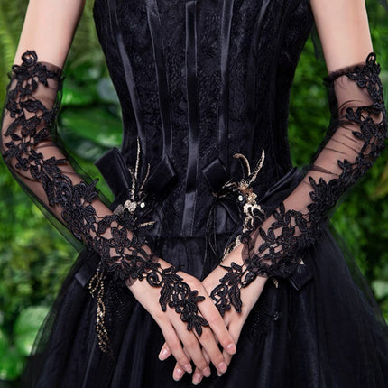 Women's Long Lace Fingerless Gloves Sheer Mesh Tulle Elbow Length Gloves for Bridal Wedding Party Prom Dance Opera（black）