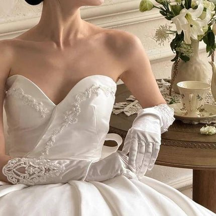 Elegant Satin Lace Gloves Long Bridal Gloves for Bride Flower Girls Women Wedding Prom Party（Hand embroidered bead white）
