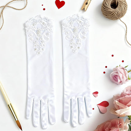 Elegant Satin Lace Gloves Long Bridal Gloves for Bride Flower Girls Women Wedding Prom Party（Hand embroidered bead white）