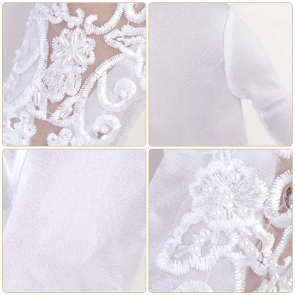 Elegant Satin Lace Gloves Long Bridal Gloves for Bride Flower Girls Women Wedding Prom Party（Hand embroidered bead white）