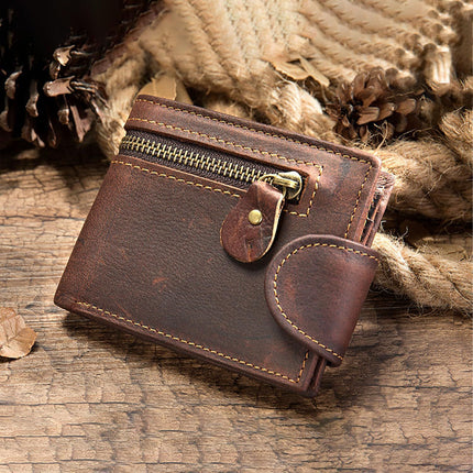 Leather Snap Wallet for Men, Multifunctional Large Capacity Vintage Wallet Bifold Zipper Wallet Men Short Head Cowhide Wallet (Brown)