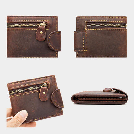 Leather Snap Wallet for Men, Multifunctional Large Capacity Vintage Wallet Bifold Zipper Wallet Men Short Head Cowhide Wallet (Brown)