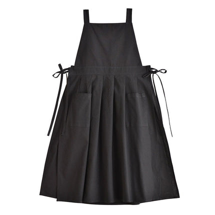 Vintage Cotton Pleated Pinafore Apron Dress with Side Ties, Midi Length, Casual Homeware Style（Black）