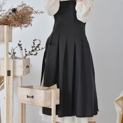 Vintage Cotton Pleated Pinafore Apron Dress with Side Ties, Midi Length, Casual Homeware Style（Black）