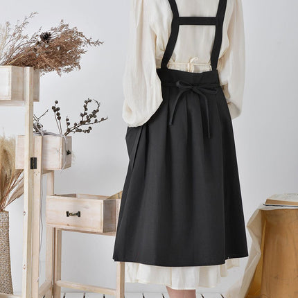 Vintage Cotton Pleated Pinafore Apron Dress with Side Ties, Midi Length, Casual Homeware Style（Black）