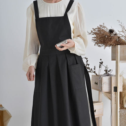 Vintage Cotton Pleated Pinafore Apron Dress with Side Ties, Midi Length, Casual Homeware Style（Black）