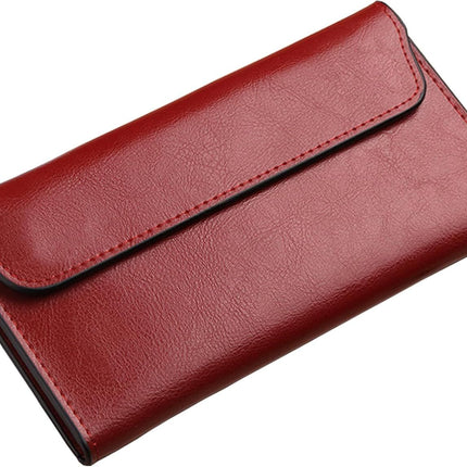 Women's Genuine Real Leather Slim Envelope Wallet with Detached Card Holder with Magnetic Closure, Phone Holder Clutch (Wine Red)