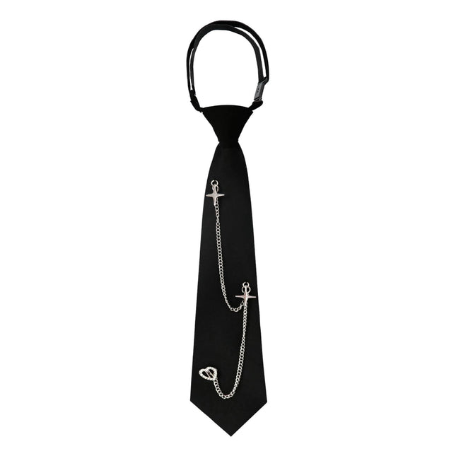 Black Tie for Women Girls Pre-Tied Womens Tie with Metal Chain Accessories Adjustable Necktie for School Shirt