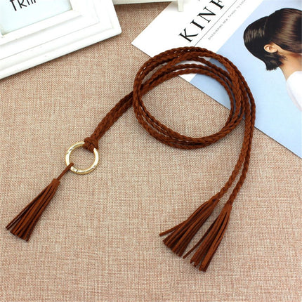 2 pack Women Girls Braided Knotted Waist Belt Skinny Mixed Color Rope Exotic Chain Tassel for Dress Skirt（Belt only）