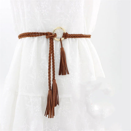 2 pack Women Girls Braided Knotted Waist Belt Skinny Mixed Color Rope Exotic Chain Tassel for Dress Skirt（Belt only）