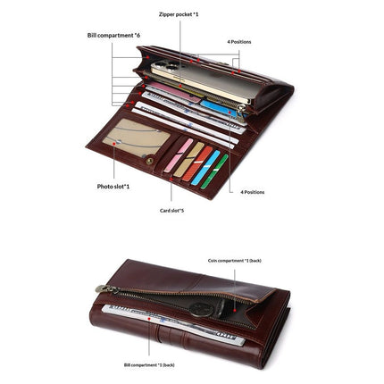 Womens Leather Wallets Handmade Ladies Clutch Wallet Organizer Card Holder, Long Ladies Wallet Womens Wallet with Pocket ID Window,Coffee