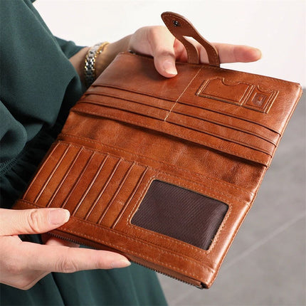 Women's RFID Blocking Genuine Leather Wallet, Bifold Long Clutch Wallet Money Clips Ladies Card Holder Purse（brown）