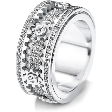 Spinner Ring for Men - Copper inlaid gear rotating ring - Rotating Mechanical Ring for Couples - Silver（9）