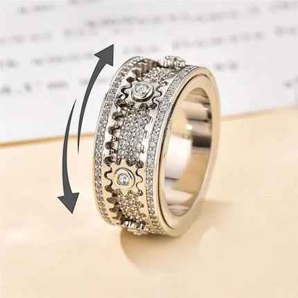 Spinner Ring for Men - Copper inlaid gear rotating ring - Rotating Mechanical Ring for Couples - Silver（9）