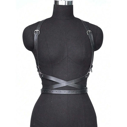 Punk Waist Belt Women PU Leather Skinny Body Adjustable Belts with Gothic Circle for Party, Nightclub, Dating