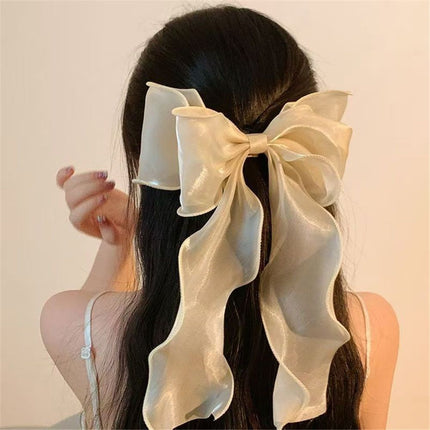 2 pack Vintage Long Silk Bow Hair Clip Barrette Ribbon Mesh Bow Head Clip Headwear Bowknot Accessories for Women (beige)
