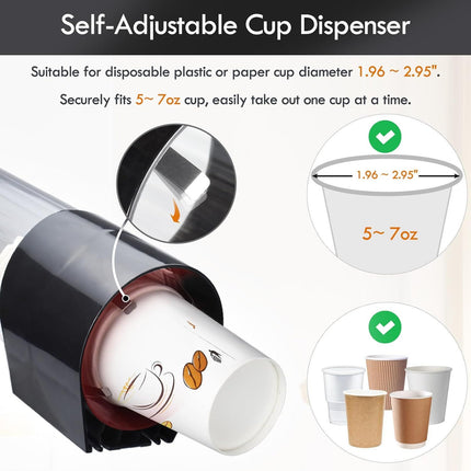Cup Dispenser, Water Cooler Pull Type Cup Holder Fits 5oz - 7oz Cone or Flat Bottom Cups,14" Tube Length Black