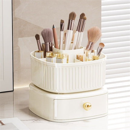 360 Degree Rotatable Pen Holder with Drawer, 5 Slots Office Desk Organizer Pen Holder for Desk Multi-Functional Pencil Box Desktop Stationary Organizer（milky white,Only makeup box available）