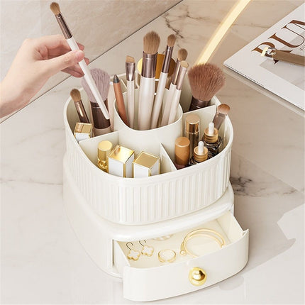 360 Degree Rotatable Pen Holder with Drawer, 5 Slots Office Desk Organizer Pen Holder for Desk Multi-Functional Pencil Box Desktop Stationary Organizer（milky white,Only makeup box available）
