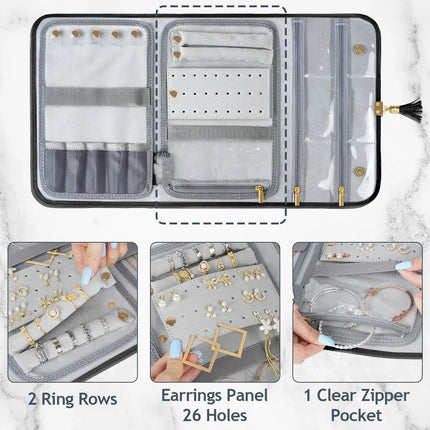 Black Jewelry Organizer, Vegan Leather Big Jewelry Travel Rolls with Clear Pockets, Tangle-Free Necklace Holder for Daily Jewels Earrings Rings Bracelets, Great Gifts for Women（excluding jewelry）
