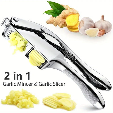 Garlic press and slicer 2 in 1,Effortlessly Crush, Slice, and Mince Garlic,with this Versatile Kitchen Tool - Perfect for Home Cooks and Professional Chefs Alike. (Silvery)