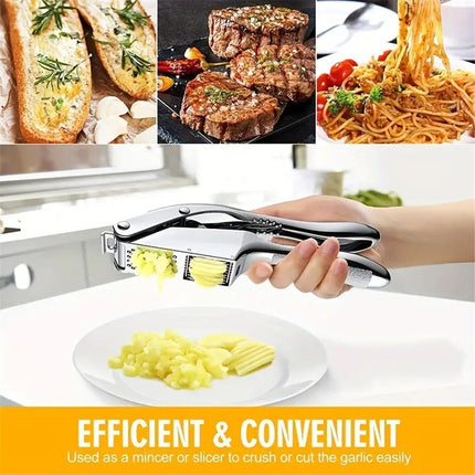 Garlic press and slicer 2 in 1,Effortlessly Crush, Slice, and Mince Garlic,with this Versatile Kitchen Tool - Perfect for Home Cooks and Professional Chefs Alike. (Silvery)