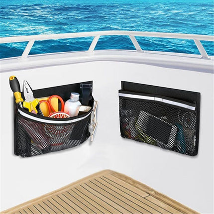 2 pack Heavy Duty Adhesive Mount Closable Boat Storage Bag, Mesh Organizer with Reflective Strips & Hook-and-Loop Fastener for Boat Gear, Fishing Tackle, Home Use(25*34cm)