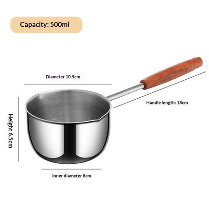 Chocolate melting pot, small pan, sauce pan,stainless steel with pouring port and wooden handle, used for melting chocolate and heating milk,butter warmer