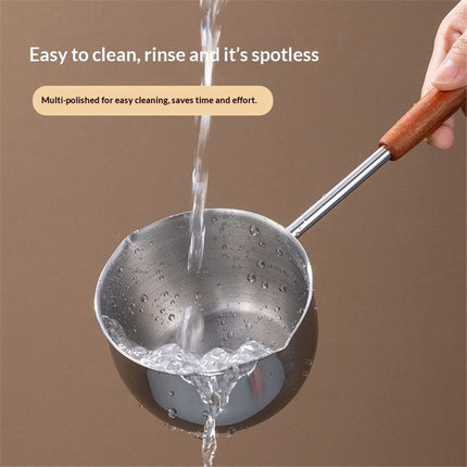 Chocolate melting pot, small pan, sauce pan,stainless steel with pouring port and wooden handle, used for melting chocolate and heating milk,butter warmer
