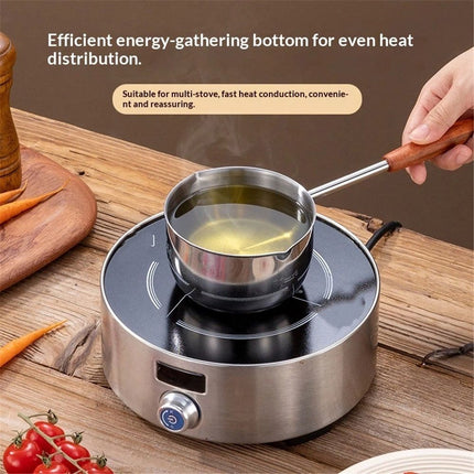 Chocolate melting pot, small pan, sauce pan,stainless steel with pouring port and wooden handle, used for melting chocolate and heating milk,butter warmer