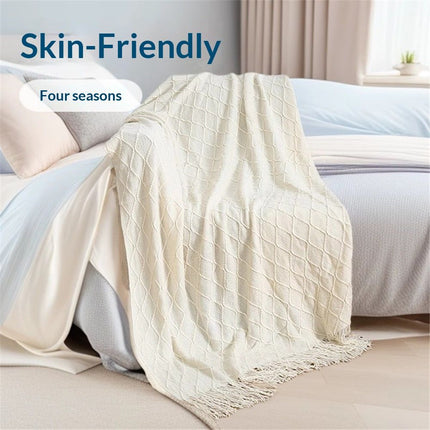 Fluffy Fringe Throw Blanket Lightweight Soft Cozy for Bed Sofa Chair Throw Blankets, Off White 127*182cm