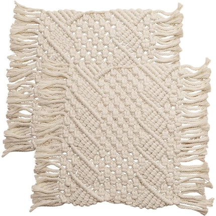 2 pack Handmade Cotton Woven Crochet Placemat with Tassels, 10 x12 Inches Small Place Mat for Bohemian Wedding Décor, Boho Table Mat for Farmhouse, Rustic Décor for Dining Table, Beige