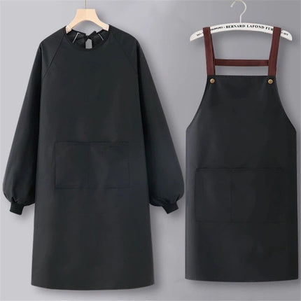 2 pack Solid Color Kitchen Apron with Pockets,Unisex Long Sleeves Waterproof Apron for Cooking Baking Cleaning Work