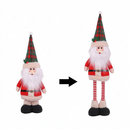 Extendable Legs Santa Ornament 45-60cm 208g Green Red Tartan Cone Hat Holly Trim Faux Fur Beard Stretchable Xmas Prop L3-33