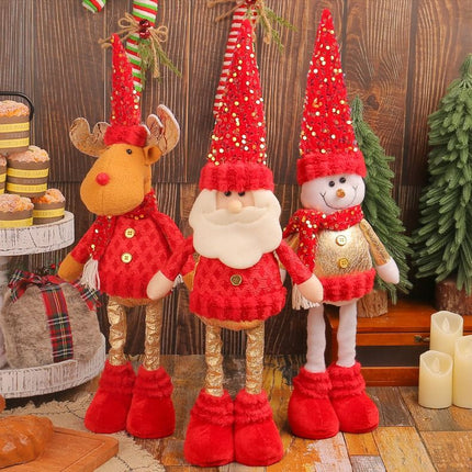Extendable Legs Santa Ornament 45-60cm 208g Green Red Tartan Cone Hat Holly Trim Faux Fur Beard Stretchable Xmas Prop L3-33