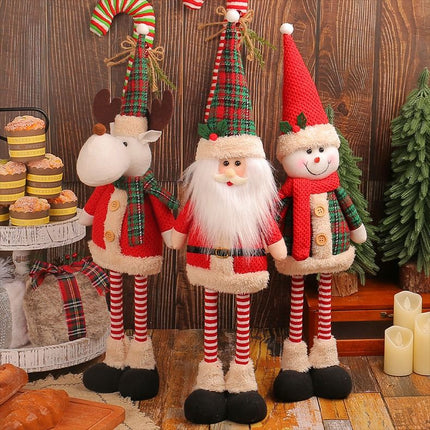 Extendable Legs Santa Ornament 45-60cm 208g Green Red Tartan Cone Hat Holly Trim Faux Fur Beard Stretchable Xmas Prop L3-33
