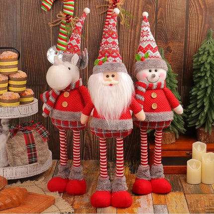 Extendable Legs Santa Ornament 45-60cm 208g Green Red Tartan Cone Hat Holly Trim Faux Fur Beard Stretchable Xmas Prop L3-33