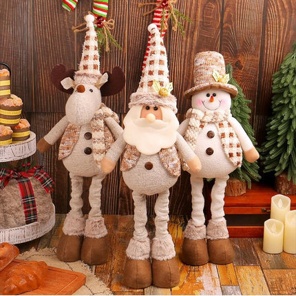 Extendable Legs Santa Ornament 45-60cm 208g Green Red Tartan Cone Hat Holly Trim Faux Fur Beard Stretchable Xmas Prop L3-33