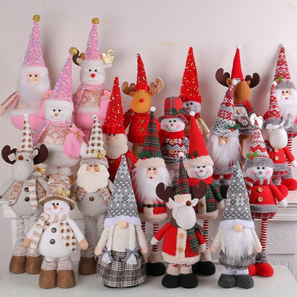 Extendable Legs Santa Ornament 45-60cm 208g Green Red Tartan Cone Hat Holly Trim Faux Fur Beard Stretchable Xmas Prop L3-33