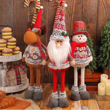 Extendable Legs Santa Ornament 45-60cm 208g Green Red Tartan Cone Hat Holly Trim Faux Fur Beard Stretchable Xmas Prop L3-33
